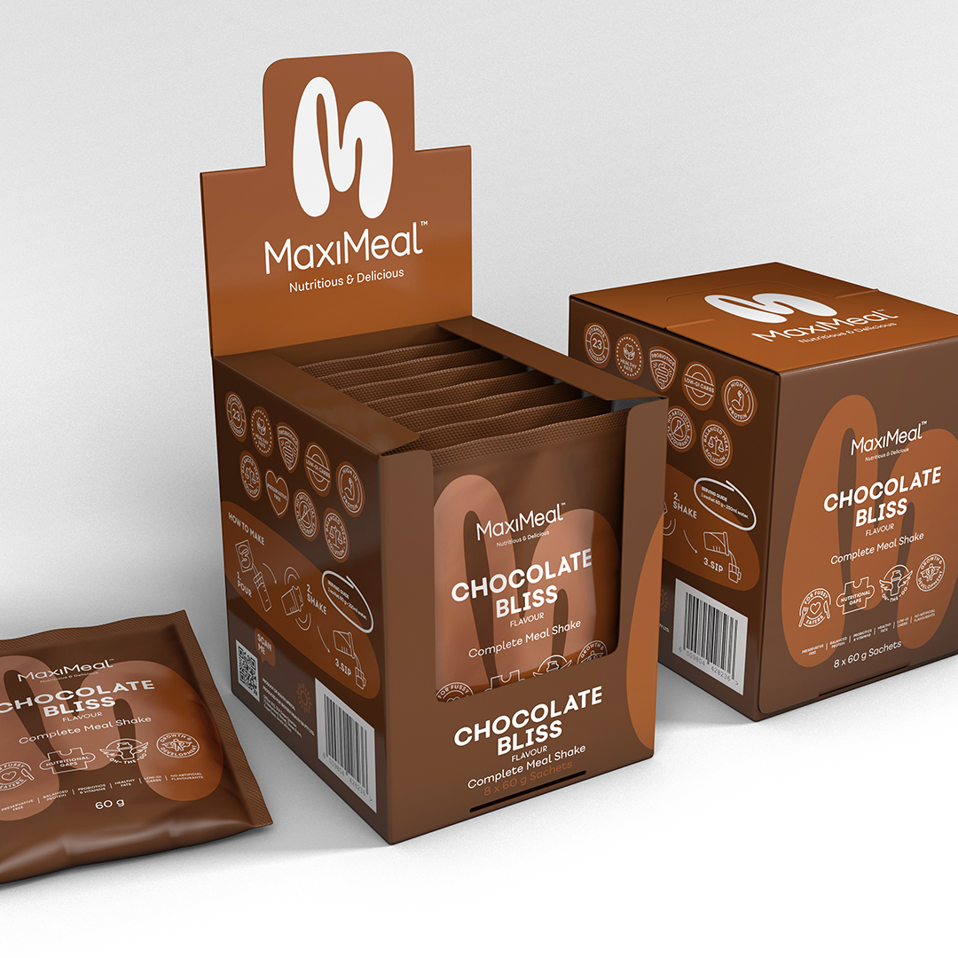 MaxiMeal Chocolate Bliss complete meal shake display box, retail box of 8 sachets, and individual 60g sachet, showing all three available purchase formats.