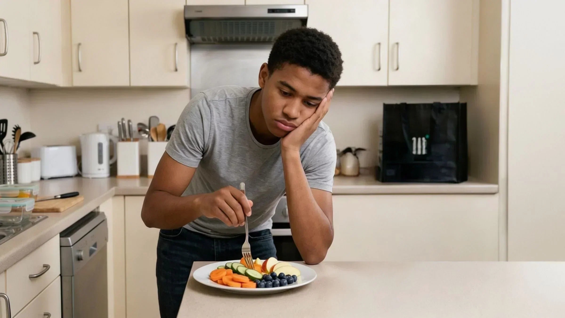 Man resting his head in his hand while eating at his kitchen counter, illustrating fatigue and low energy linked to hidden nutritional gaps despite meeting daily calorie needs for MaxiMeal blog