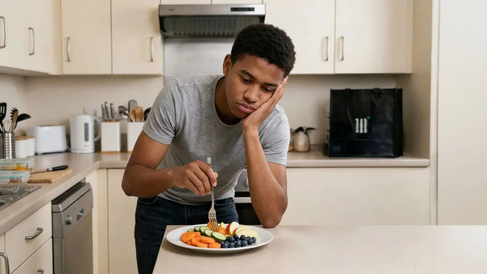 Man resting his head in his hand while eating at his kitchen counter, illustrating fatigue and low energy linked to hidden nutritional gaps despite meeting daily calorie needs for MaxiMeal blog