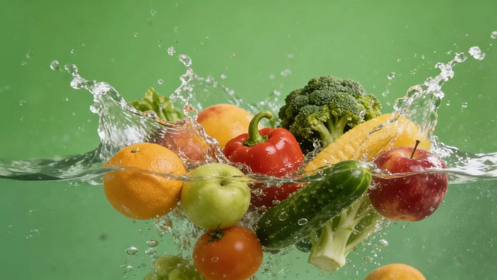 Fresh fruit and vegetables splashing in water against a green background, illustrating real, whole food ingredients that define genuine clean label products for MaxiMeal Blog