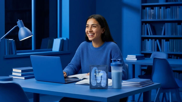 Woman smiling at her office desk with a drink and laptop, illustrating a quick and satisfying lunch solution using MaxiMeal at work.