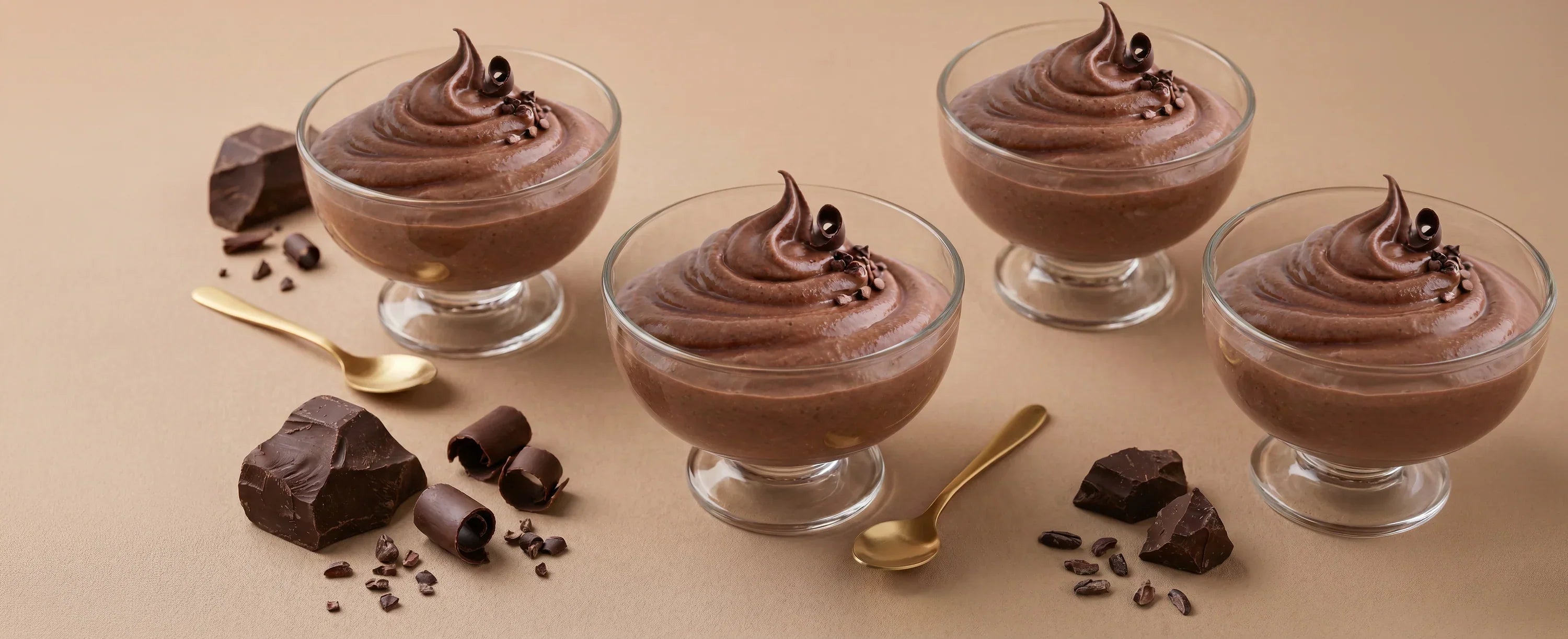 Glasses of MaxiMeal chocolate chia pudding topped with chocolate shavings