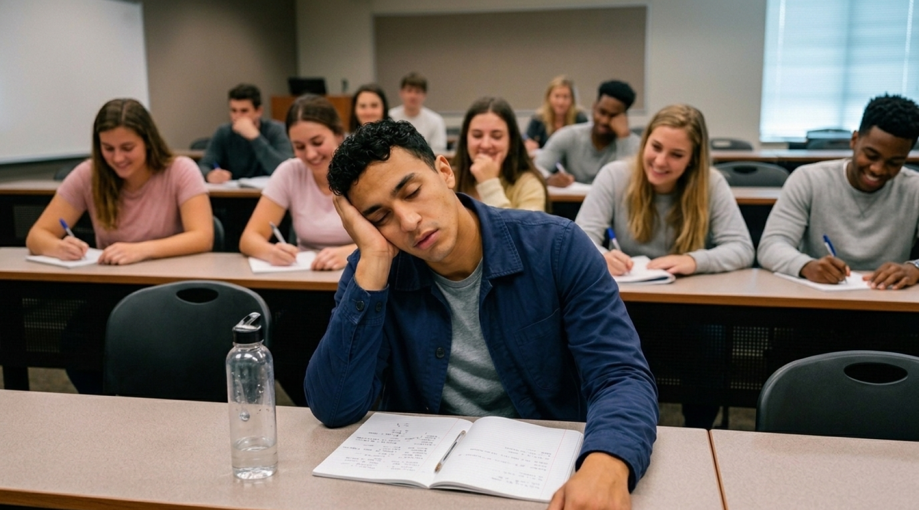 university student at desk in lectures with low energy 