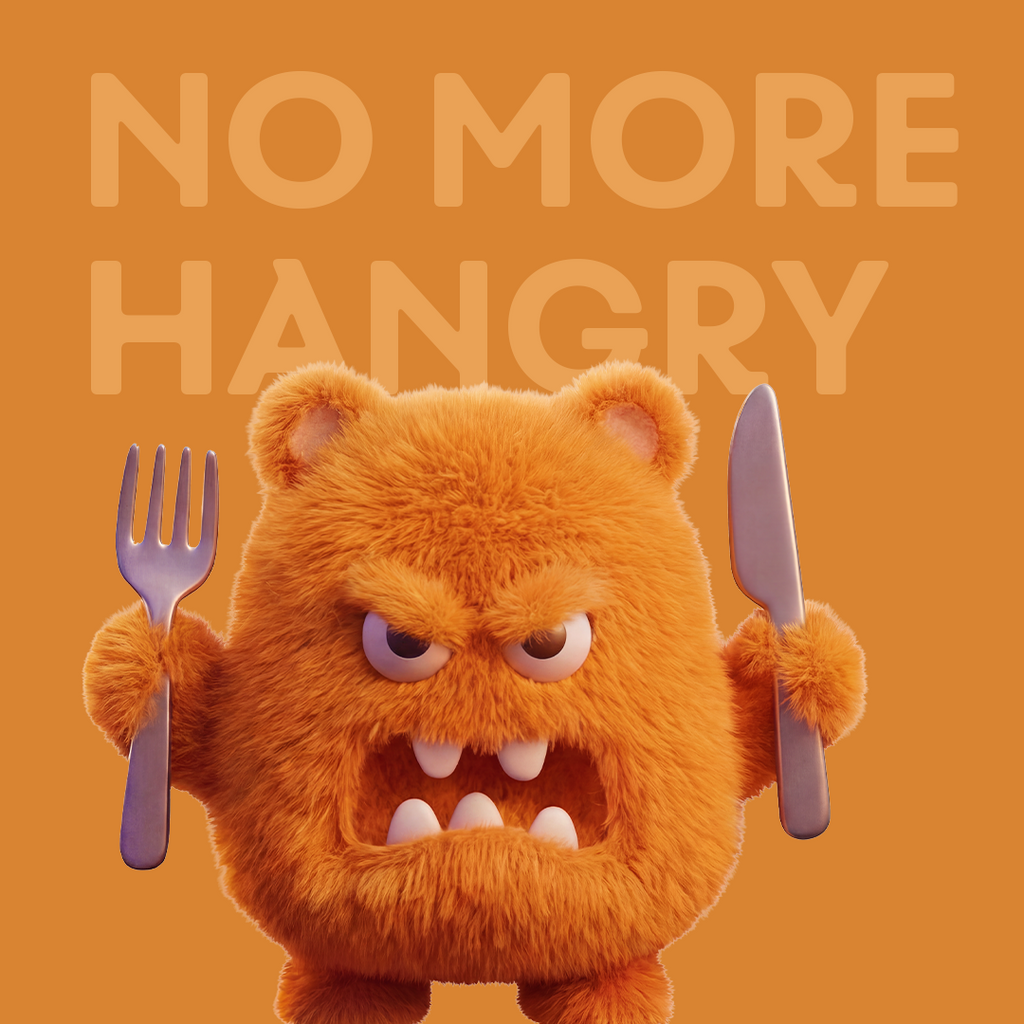 MaxiMeal No More Hangry mascot, a grumpy orange cartoon creature holding a fork and knife, representing hunger and energy crashes that MaxiMeal is designed to prevent.