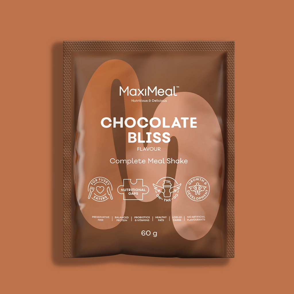 MaxiMeal Chocolate Bliss complete meal shake sachet, 60g, non-GMO, maltodextrin free, no artificial sweeteners, preservative free with balanced protein, probiotics, vitamins, healthy fats, low GI, and no artificial flavourings.