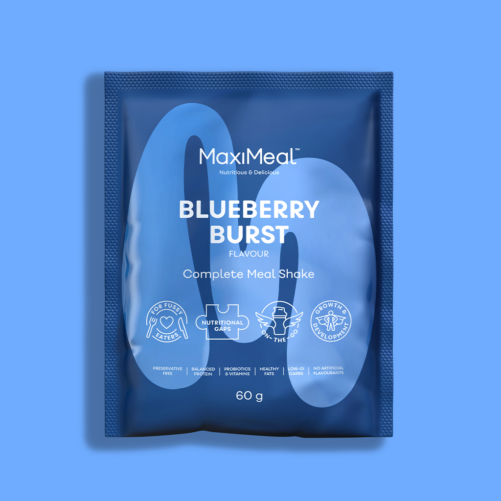 MaxiMeal Blueberry Burst complete meal shake sachet, 60g, non-GMO, maltodextrin free, no artificial sweeteners, preservative free with balanced protein, probiotics, vitamins, healthy fats, low GI, and no artificial flavourings.