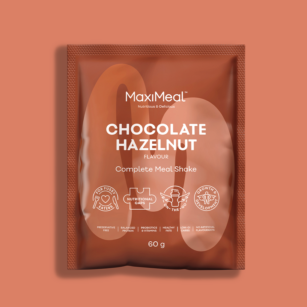 MaxiMeal Chocolate Hazelnut complete meal shake sachet, 60g, non-GMO, maltodextrin free, no artificial sweeteners, preservative free with balanced protein, probiotics, vitamins, healthy fats, low GI, and no artificial flavourings.
