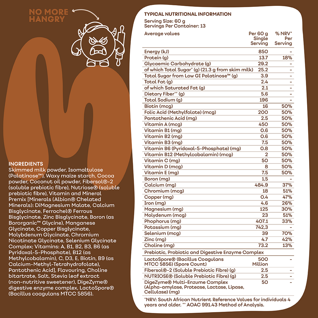 MaxiMeal Chocolate Bliss complete meal shake nutritional information panel showing 13.8g protein, 23 vitamins and minerals at 50% NRV, LactoSpore probiotics, Fibersol and Nutriose prebiotic fibre, and DigeZyme digestive enzyme complex per 60g serving across 13 servings per container.