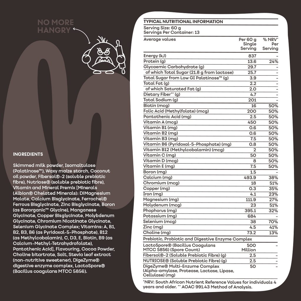 MaxiMeal Cookies & Cream complete meal shake nutritional information panel showing 13.8g protein, 23 vitamins and minerals at 50% NRV, LactoSpore probiotics, Fibersol and Nutriose prebiotic fibre, and DigeZyme digestive enzyme complex per 60g serving across 13 servings per container.