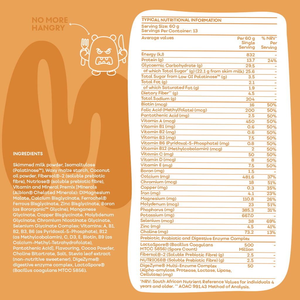 MaxiMeal Salted Caramel & Popcorn complete meal shake nutritional information panel showing 13.8g protein, 23 vitamins and minerals at 50% NRV, LactoSpore probiotics, Fibersol and Nutriose prebiotic fibre, and DigeZyme digestive enzyme complex per 60g serving across 13 servings per container.