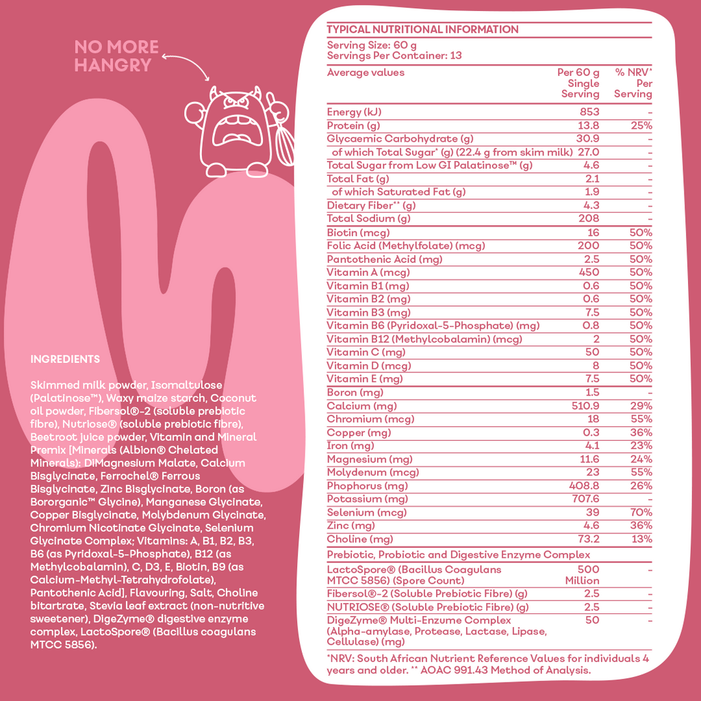 MaxiMeal Strawberry Swirl complete meal shake nutritional information panel showing 13.8g protein, 23 vitamins and minerals at 50% NRV, LactoSpore probiotics, Fibersol and Nutriose prebiotic fibre, and DigeZyme digestive enzyme complex per 60g serving across 13 servings per container.