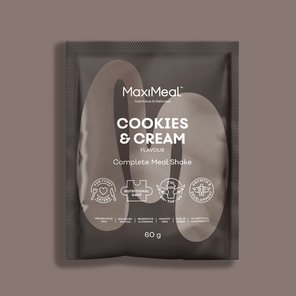 MaxiMeal Cookie & Cream complete meal shake sachet, 60g, non-GMO, maltodextrin free, no artificial sweeteners, preservative free with balanced protein, probiotics, vitamins, healthy fats, low GI, and no artificial flavourings.