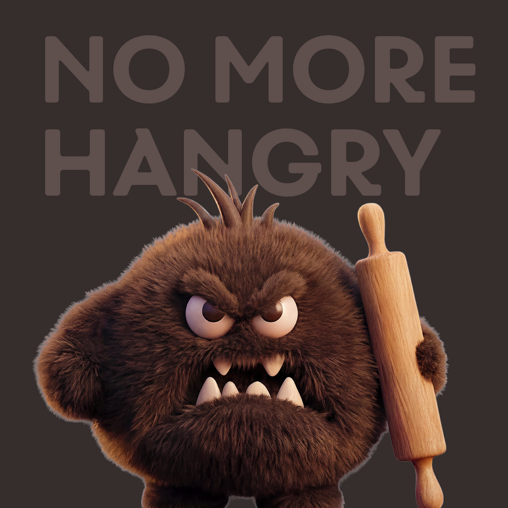 MaxiMeal Cookies & Cream No More Hangry mascot, a grumpy dark brown spiky cartoon creature holding a rolling pin, representing hunger and energy crashes that MaxiMeal is designed to prevent.