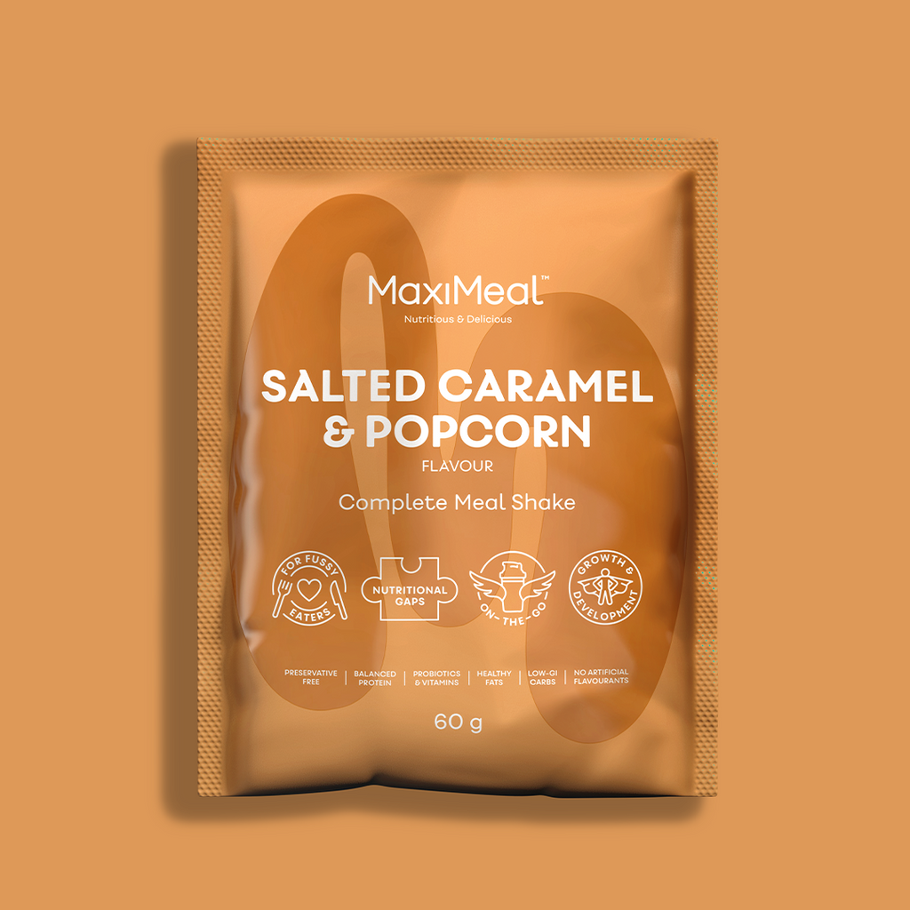 MaxiMeal Salted Caramel & Popcorn 
complete meal shake sachet, 60g, non-GMO, maltodextrin free, no artificial sweeteners, preservative free with balanced protein, probiotics, vitamins, healthy fats, low GI, and no artificial flavourings.