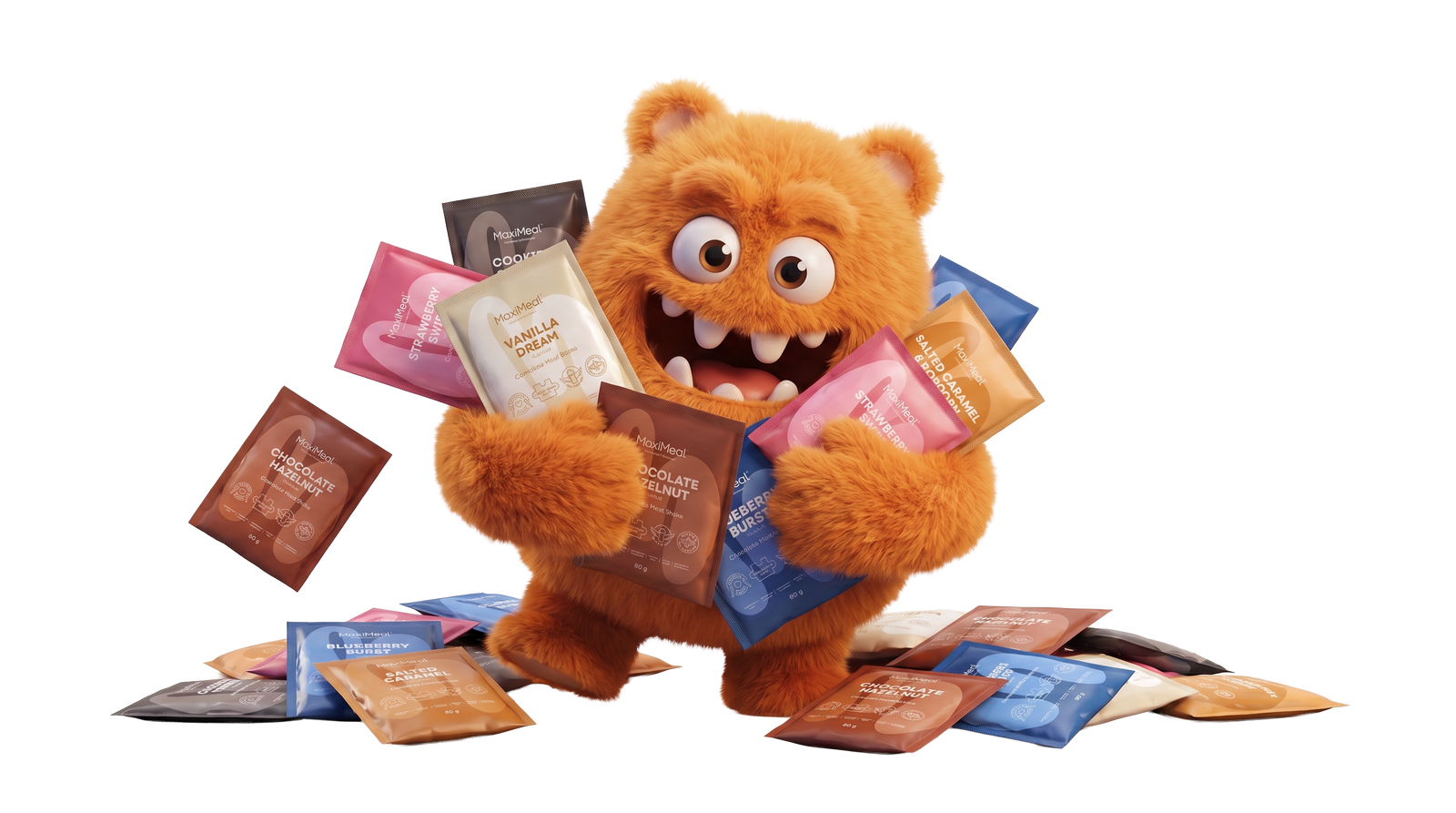 MaxiMeal mascot holding flavour sachets