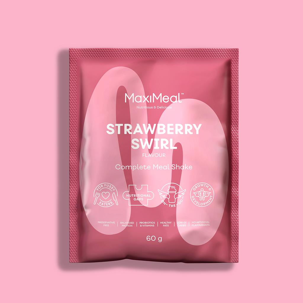 MaxiMeal Strawberry Swirl complete meal shake sachet, 60g, non-GMO, maltodextrin free, no artificial sweeteners, preservative free with balanced protein, probiotics, vitamins, healthy fats, low GI, and no artificial flavourings.