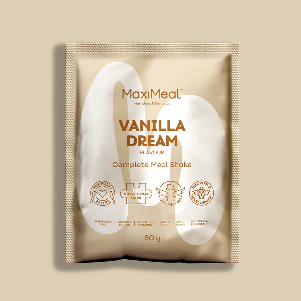 MaxiMeal Vanilla Dream complete meal shake sachet, 60g, non-GMO, maltodextrin free, no artificial sweeteners, preservative free with balanced protein, probiotics, vitamins, healthy fats, low GI, and no artificial flavourings.