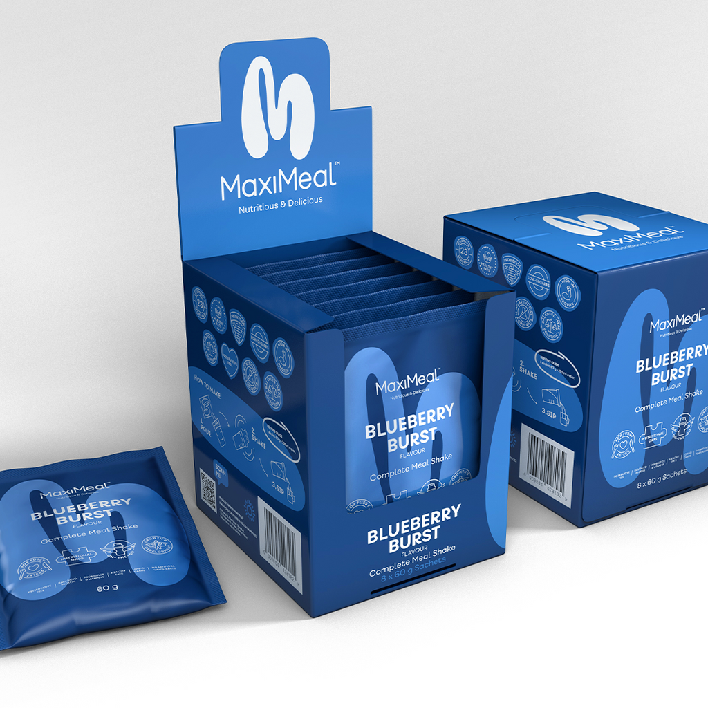 MaxiMeal Blueberry Burst complete meal shake display box, retail box of 8 sachets, and individual 60g sachet, showing all three available purchase formats.