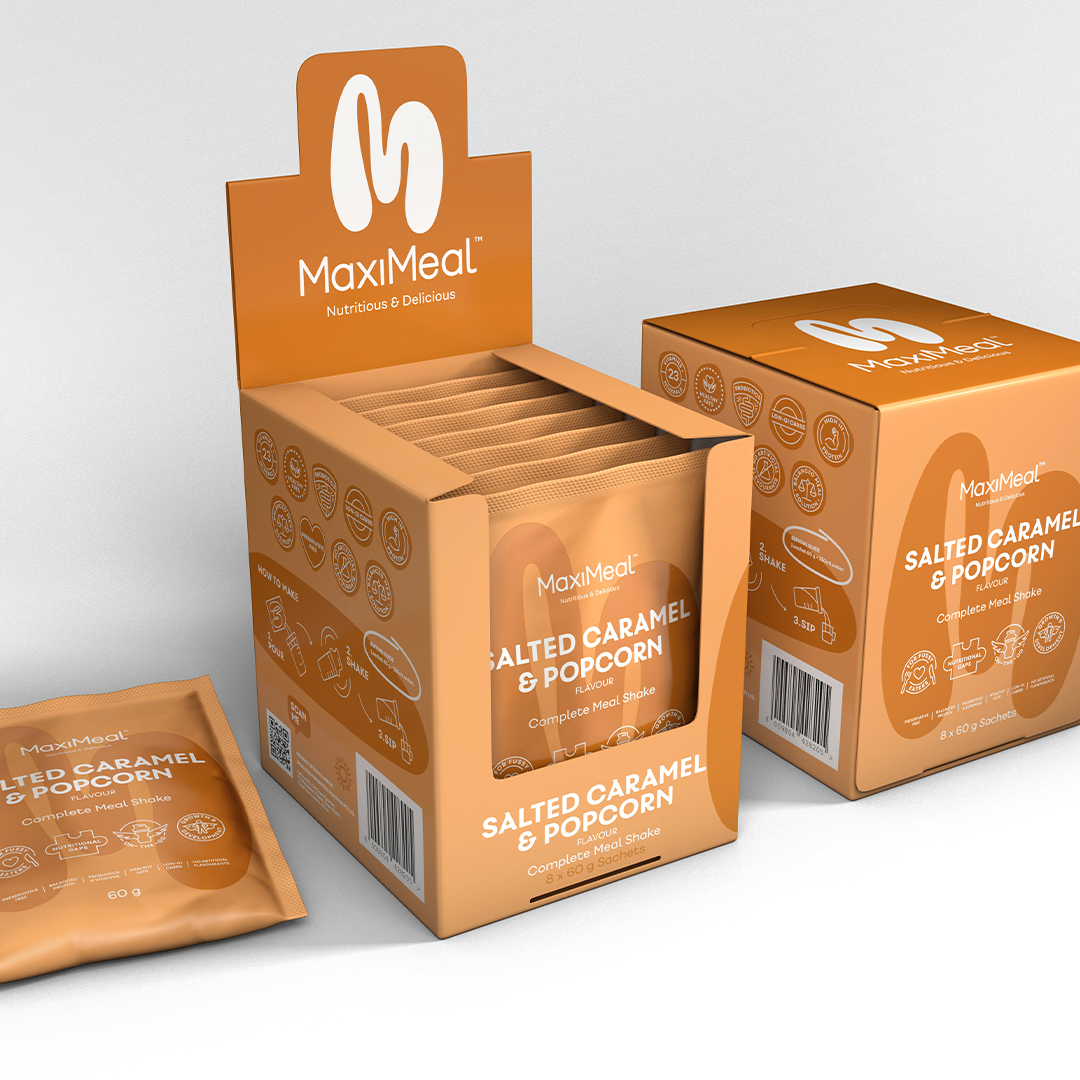 MaxiMeal Salted Caramel & Popcorn complete meal shake display box, retail box of 8 sachets, and individual 60g sachet, showing all three available purchase formats.