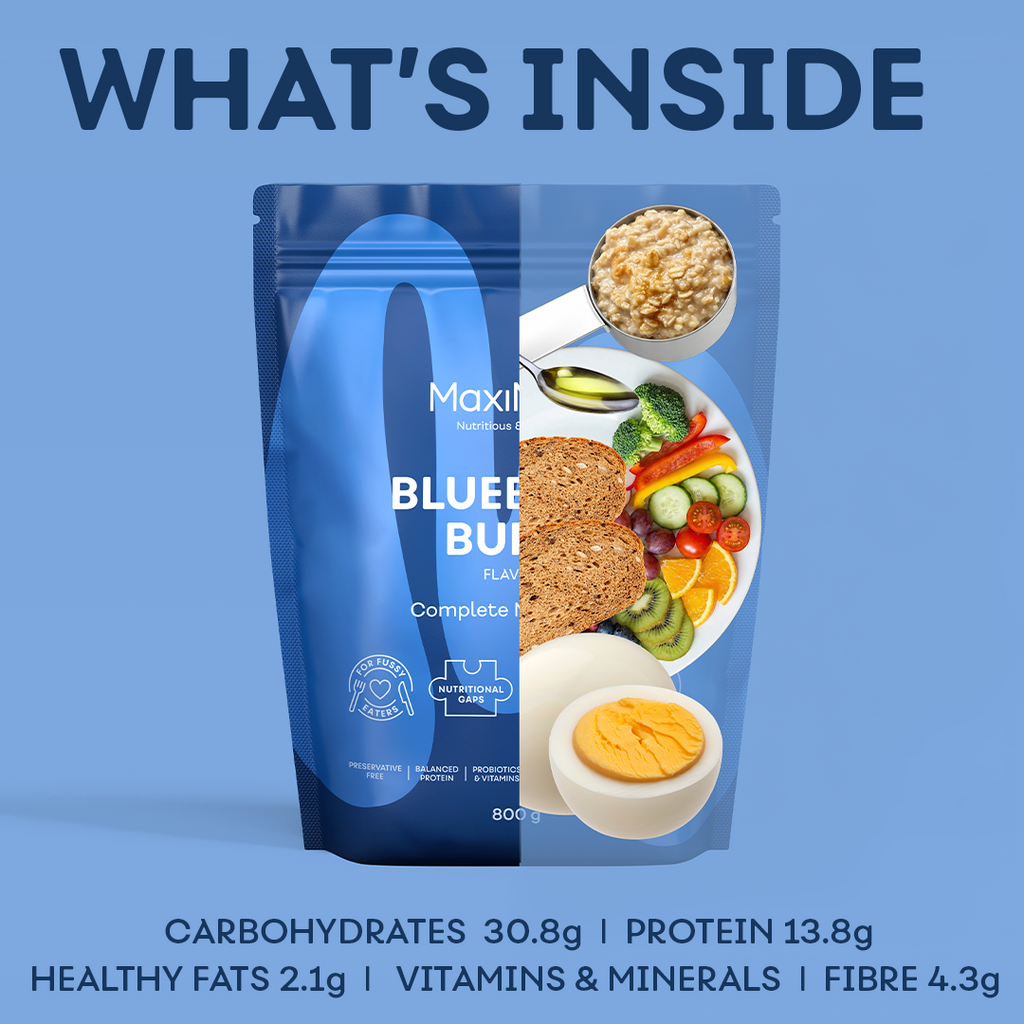 MaxiMeal Blueberry Burst complete meal shake showing macronutrient breakdown per serving: 30.8g carbohydrates, 13.8g protein, 2.1g healthy fats, 4.3g fibre, plus vitamins and minerals, illustrated with whole food equivalents including oats, vegetables, wholegrains, and a boiled egg.