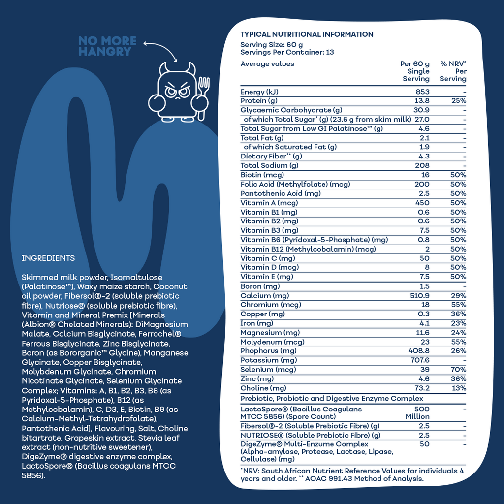 MaxiMeal Blueberry Burst complete meal shake nutritional information panel showing 13.8g protein, 23 vitamins and minerals at 50% NRV, LactoSpore probiotics, Fibersol and Nutriose prebiotic fibre, and DigeZyme digestive enzyme complex per 60g serving across 13 servings per container.