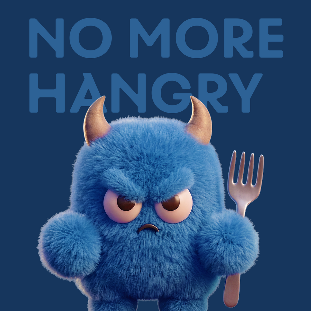 MaxiMeal Blueberry Burst No More Hangry mascot, a grumpy blue cartoon creature with horns holding a fork, representing hunger and energy crashes that MaxiMeal is designed to prevent.