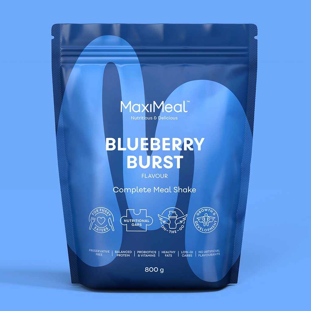 MaxiMeal Blueberry Burst complete meal shake 800g pouch, non-GMO, maltodextrin free, no artificial sweeteners, preservative free with balanced protein, probiotics, vitamins, healthy fats, low GI, and no artificial flavourings.