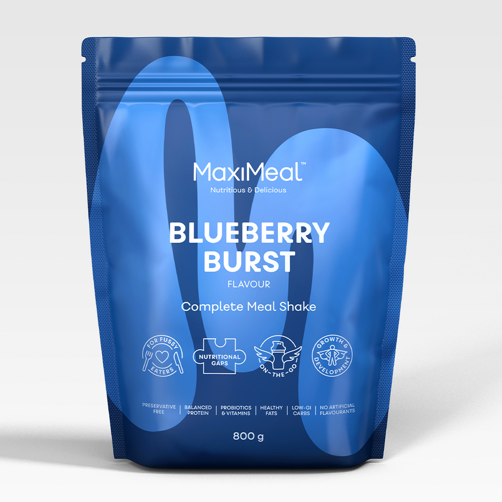 MaxiMeal Blueberry Burst complete meal shake 800g pouch, non-GMO, maltodextrin free, no artificial sweeteners, preservative free with balanced protein, probiotics, vitamins, healthy fats, low GI, and no artificial flavourings.