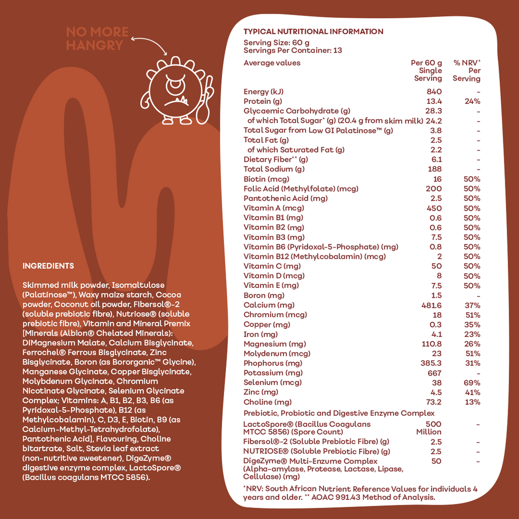 MaxiMeal  Chocolate Hazelnut complete meal shake nutritional information panel showing 13.8g protein, 23 vitamins and minerals at 50% NRV, LactoSpore probiotics, Fibersol and Nutriose prebiotic fibre, and DigeZyme digestive enzyme complex per 60g serving across 13 servings per container.