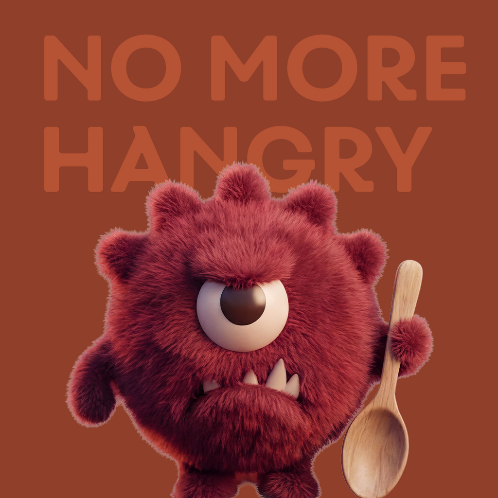 MaxiMeal  Chocolate Hazelnut No More Hangry mascot, a grumpy dark red one-eyed cartoon creature holding a wooden spoon, representing hunger and energy crashes that MaxiMeal is designed to prevent.