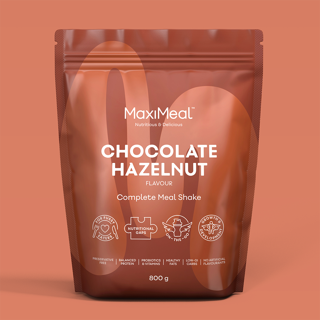MaxiMeal Chocolate Hazelnut complete meal shake 800g pouch, non-GMO, maltodextrin free, no artificial sweeteners, preservative free with balanced protein, probiotics, vitamins, healthy fats, low GI, and no artificial flavourings.