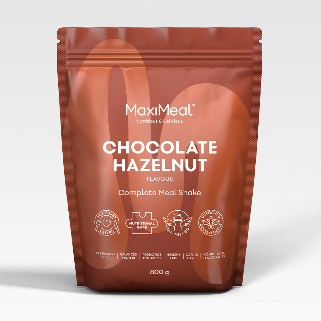 MaxiMeal  Chocolate Hazelnut complete meal shake 800g pouch, non-GMO, maltodextrin free, no artificial sweeteners, preservative free with balanced protein, probiotics, vitamins, healthy fats, low GI, and no artificial flavourings.