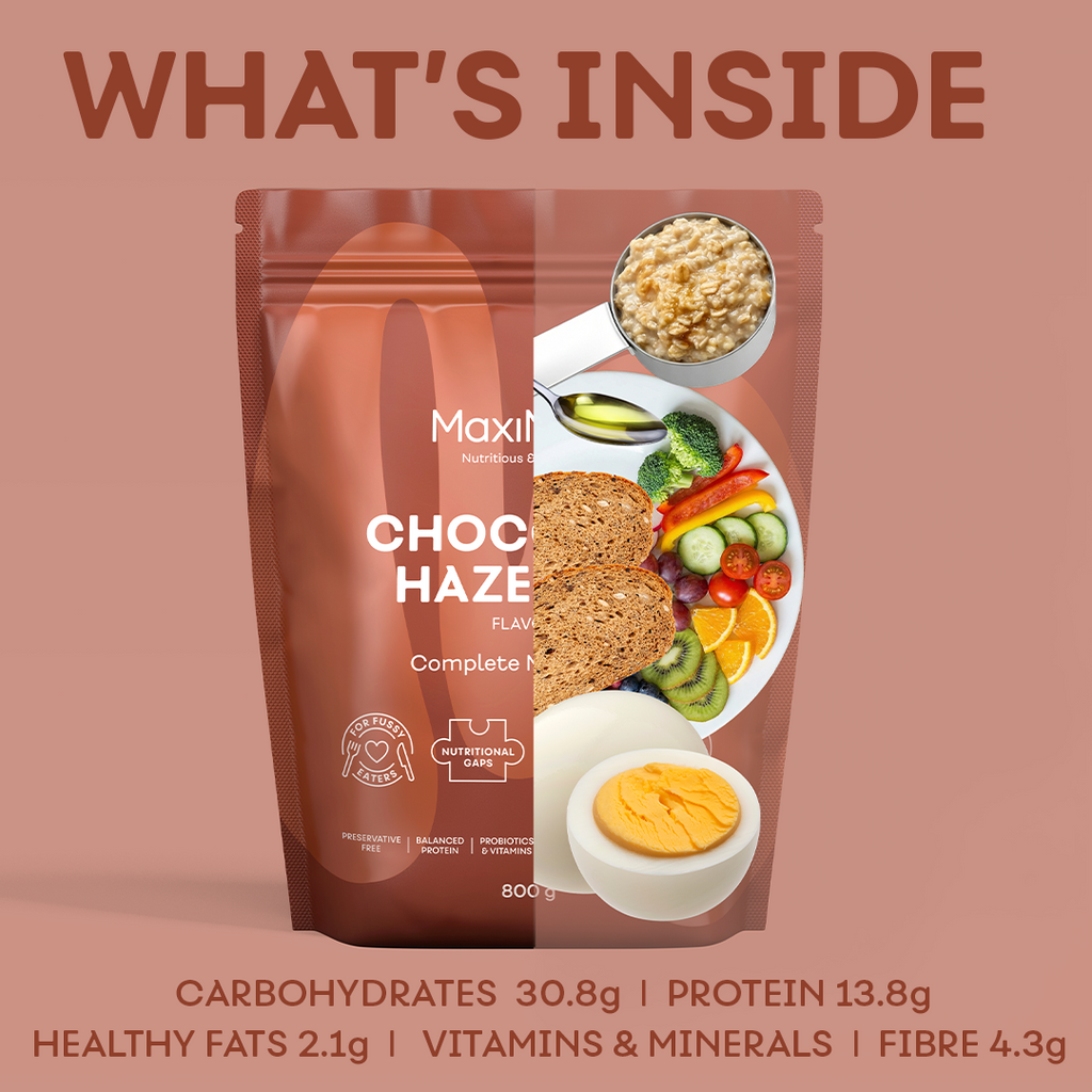 MaxiMeal Chocolate Hazelnut complete meal shake showing macronutrient breakdown per serving: 30.MaxiMeal Vanilla Dream complete meal shake showing macronutrient breakdown per serving: 30.8g carbohydrates, 13.8g protein, 2.1g healthy fats, 4.3g fibre, plus vitamins and minerals, illustrated with whole food equivalents including oats, vegetables, wholegrains, and a boiled egg.
