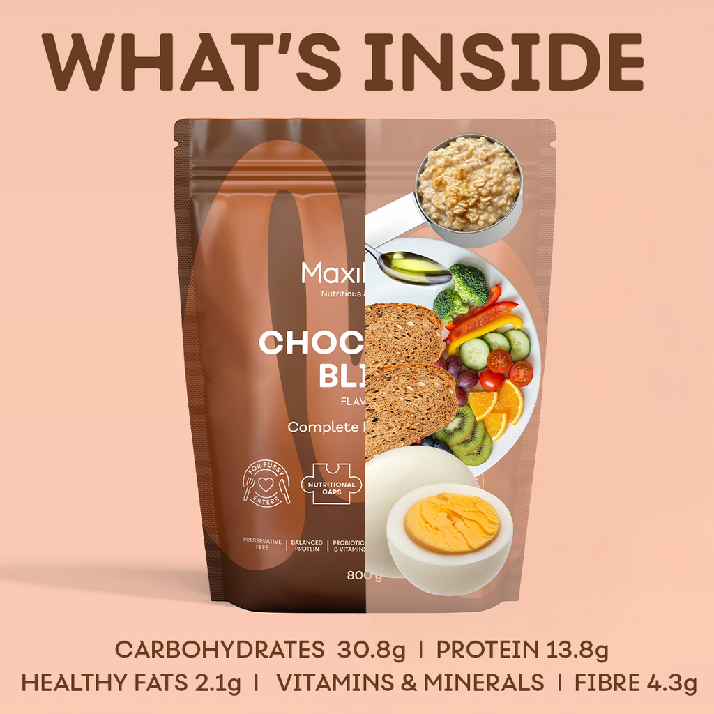 MaxiMeal Chocolate Bliss complete meal shake showing macronutrient breakdown per serving: 30.8g carbohydrates, 13.8g protein, 2.1g healthy fats, 4.3g fibre, plus vitamins and minerals, illustrated with whole food equivalents including oats, vegetables, wholegrains, and a boiled egg.