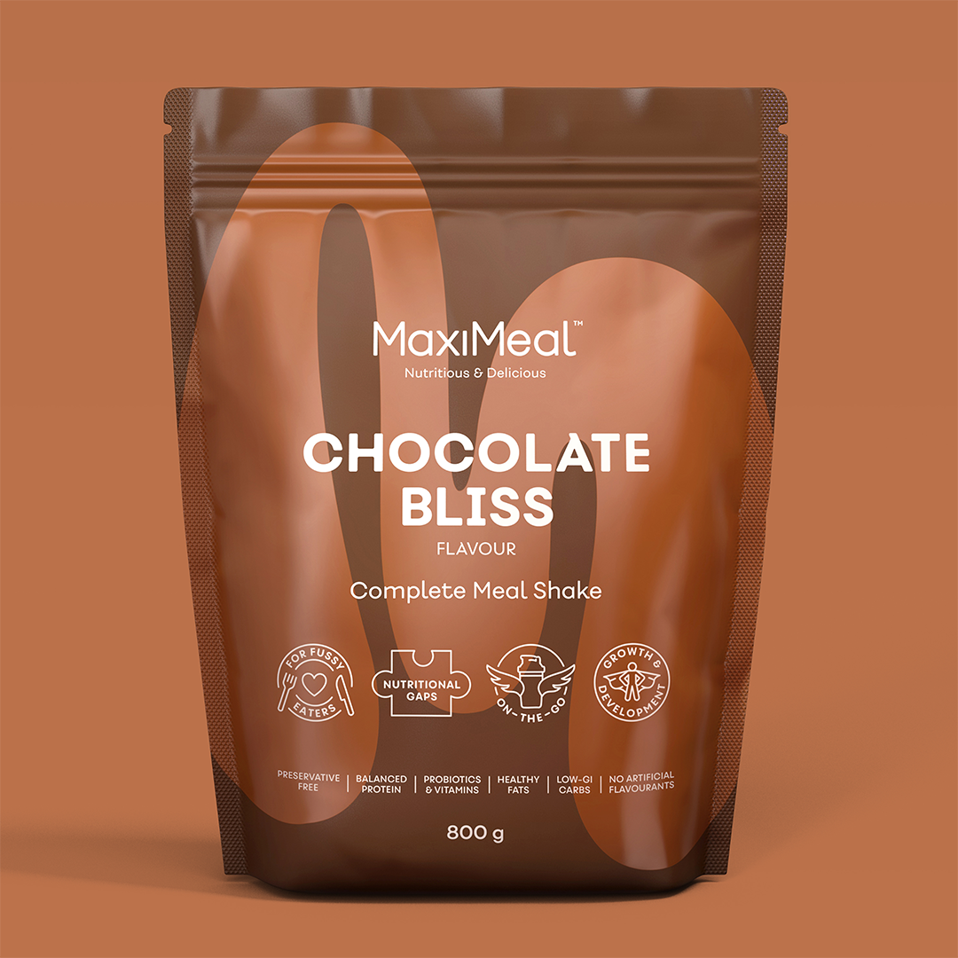 MaxiMeal Chocolate Bliss complete meal shake 800g pouch, non-GMO, maltodextrin free, no artificial sweeteners, preservative free with balanced protein, probiotics, vitamins, healthy fats, low GI, and no artificial flavourings.