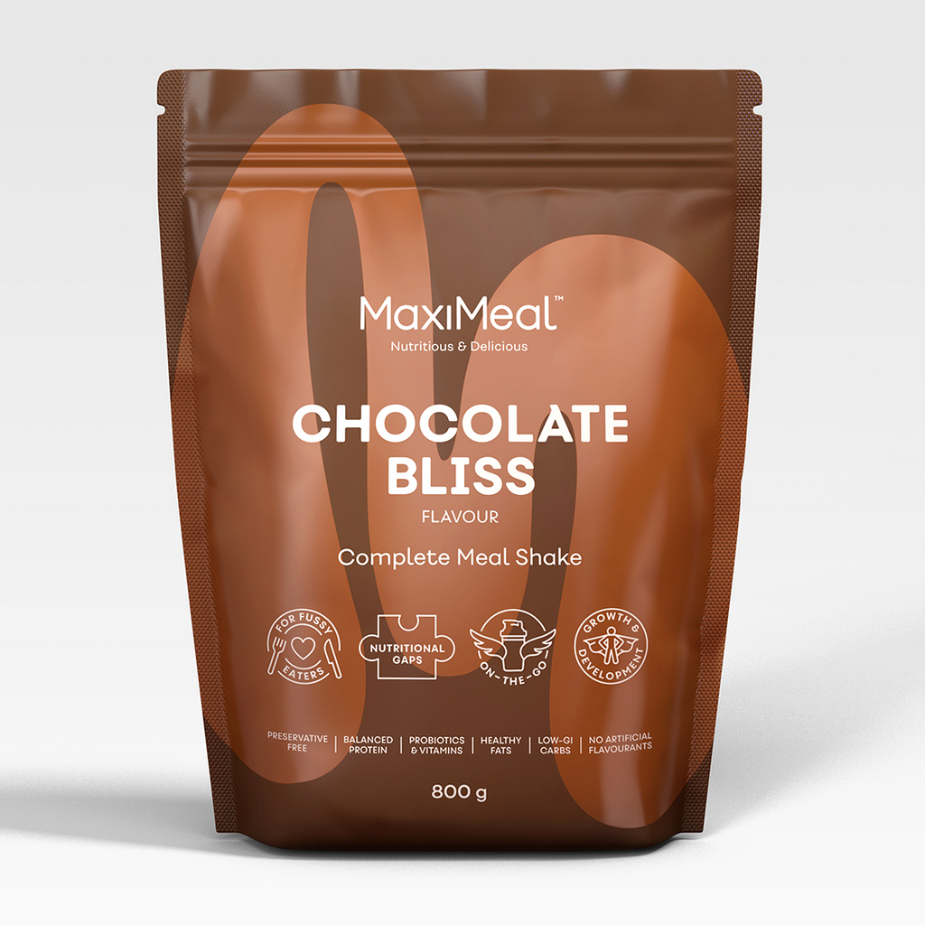 MaxiMeal Chocolate Bliss complete meal shake 800g pouch, non-GMO, maltodextrin free, no artificial sweeteners, preservative free with balanced protein, probiotics, vitamins, healthy fats, low GI, and no artificial flavourings.