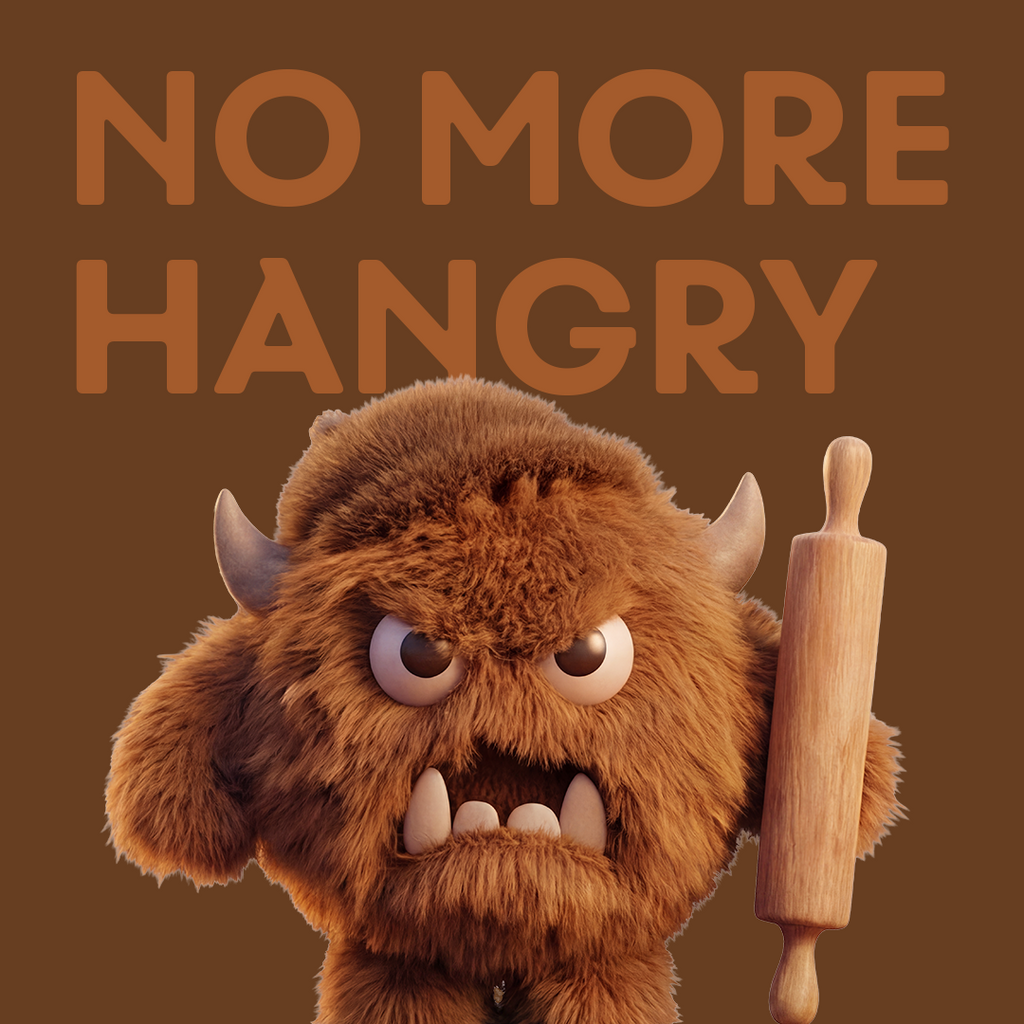MaxiMeal Chocolate Bliss No More Hangry mascot, a grumpy brown cartoon creature with horns and hat holding a rolling pin, representing hunger and energy crashes that MaxiMeal is designed to prevent.