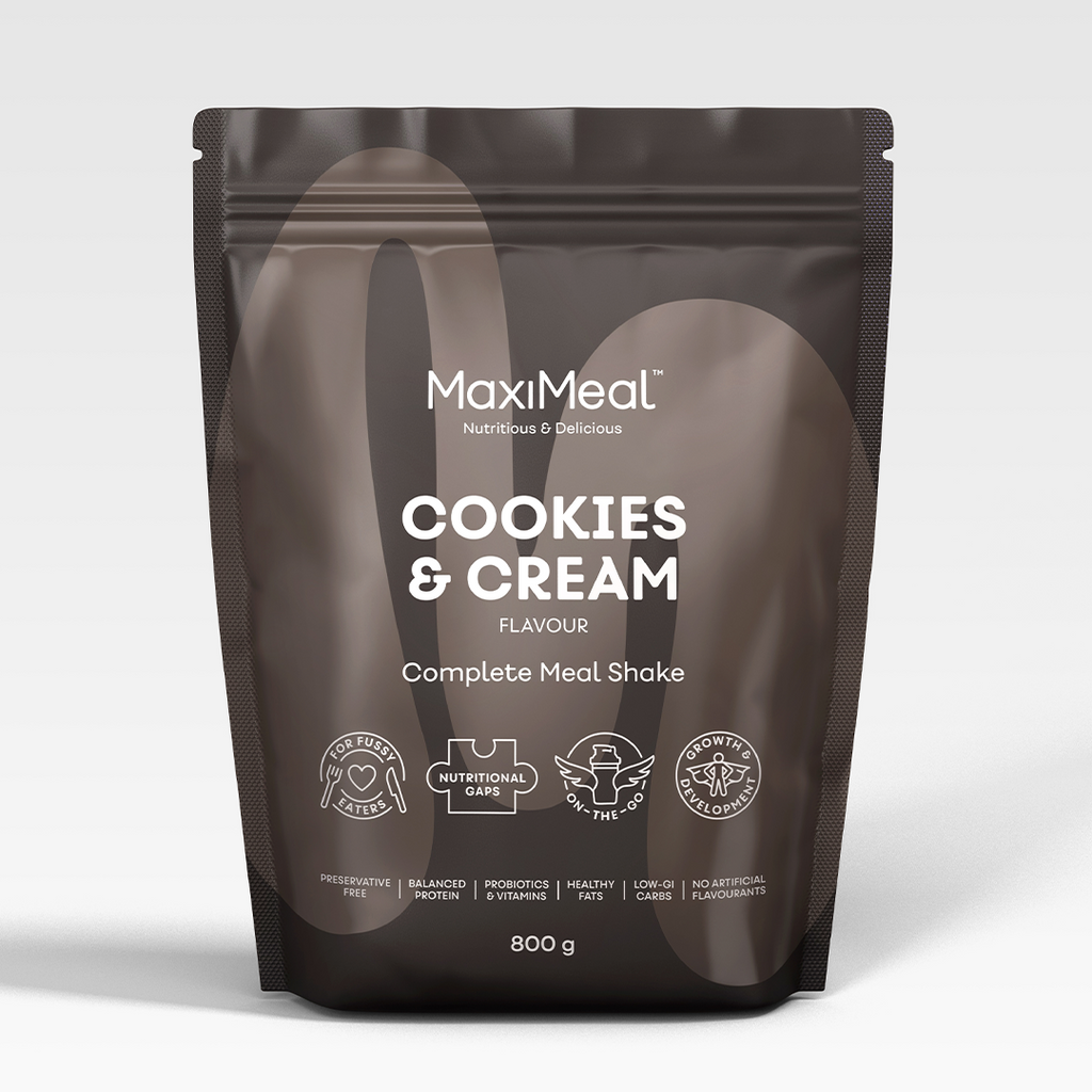 MaxiMeal Cookies & Cream complete meal shake 800g pouch, non-GMO, maltodextrin free, no artificial sweeteners, preservative free with balanced protein, probiotics, vitamins, healthy fats, low GI, and no artificial flavourings.