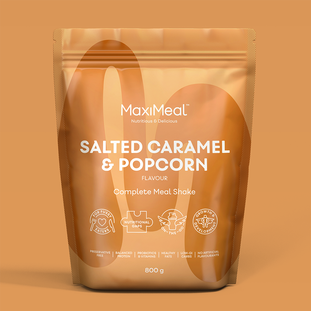 MaxiMeal Salted Caramel & Popcorn complete meal shake display box, retail box of 8 sachets, and individual 60g sachet, showing all three available purchase formats.