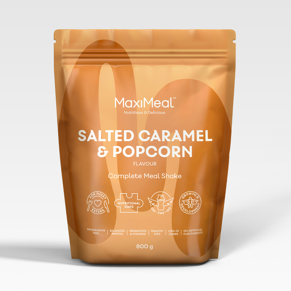 MaxiMeal Salted Caramel & Popcorn complete meal shake 800g pouch, non-GMO, maltodextrin free, no artificial sweeteners, preservative free with balanced protein, probiotics, vitamins, healthy fats, low GI, and no artificial flavourings.