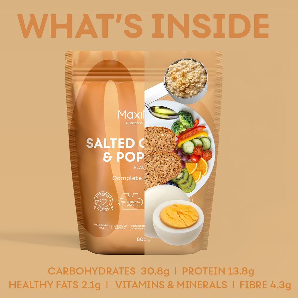 MaxiMeal Salted Caramel & Popcorn complete meal shake showing macronutrient breakdown per serving: 30.8g carbohydrates, 13.8g protein, 2.1g healthy fats, 4.3g fibre, plus vitamins and minerals, illustrated with whole food equivalents including oats, vegetables, wholegrains, and a boiled egg.