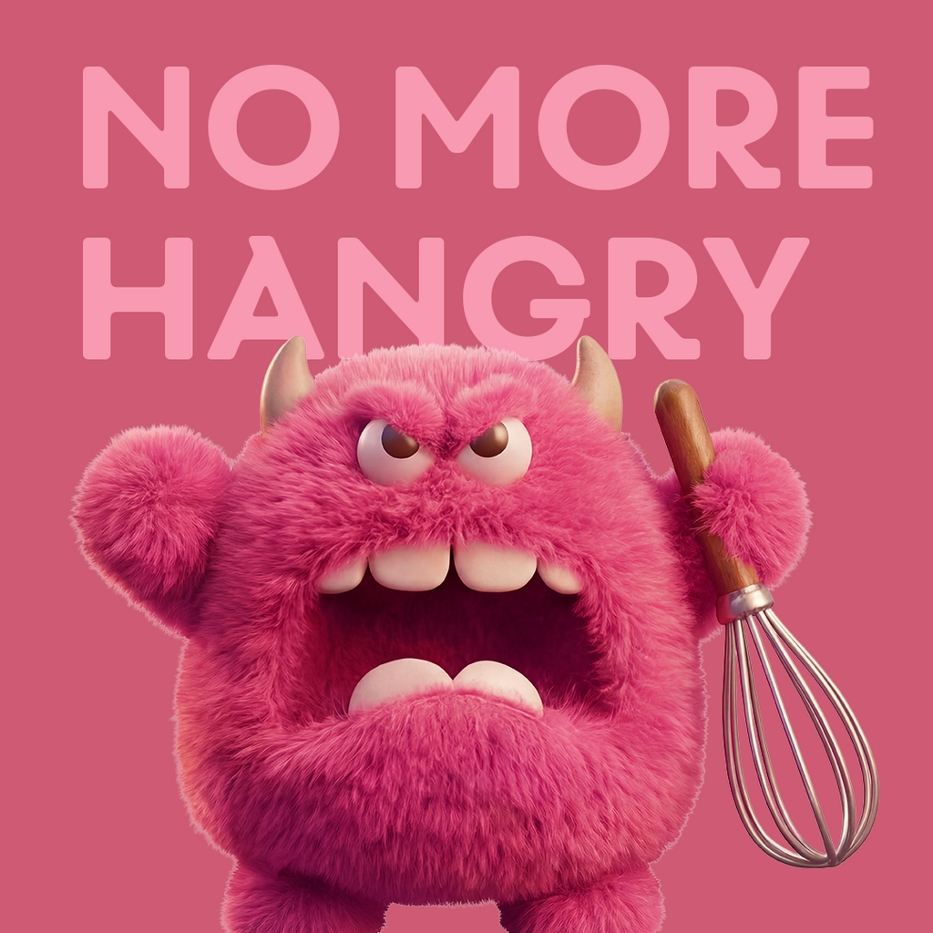 MaxiMeal Strawberry Swirl No More Hangry mascot, a grumpy pink cartoon creature with horns holding a whisk, representing hunger and energy crashes that MaxiMeal is designed to prevent.