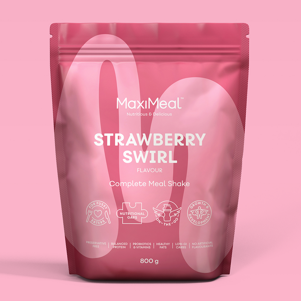 MaxiMeal Strawberry Swirl complete meal shake 800g pouch, non-GMO, maltodextrin free, no artificial sweeteners, preservative free with balanced protein, probiotics, vitamins, healthy fats, low GI, and no artificial flavourings.