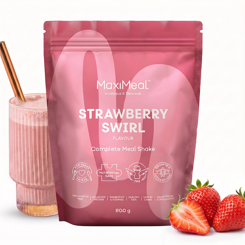 MaxiMeal Strawberry Swirl complete meal shake 800g pouch styled with a pink strawberry shake in a ribbed glass and fresh strawberries, showing the flavour profile and ready-to-drink result, non-GMO, maltodextrin free, no artificial sweeteners, preservative free with balanced protein, probiotics, vitamins, he