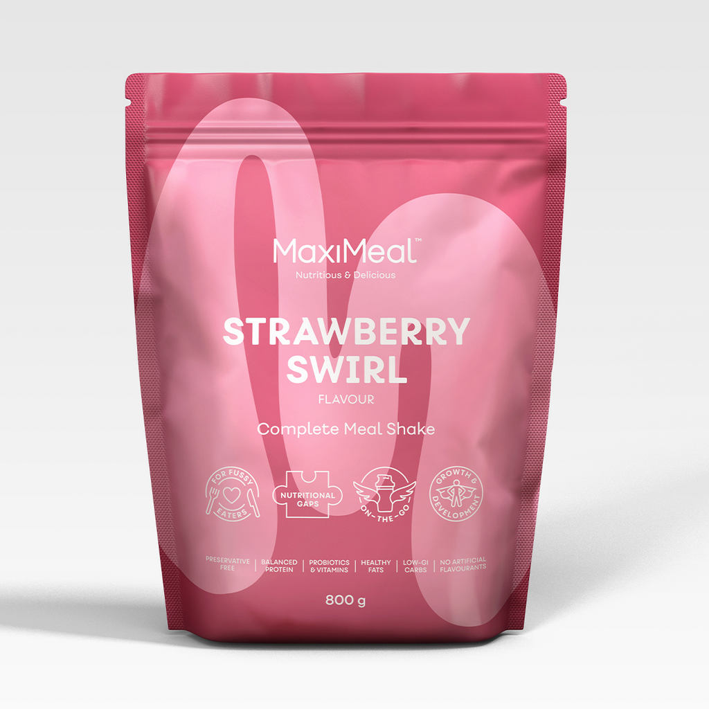 MaxiMeal Strawberry Swirl complete meal shake 800g pouch, non-GMO, maltodextrin free, no artificial sweeteners, preservative free with balanced protein, probiotics, vitamins, healthy fats, low GI, and no artificial flavourings.