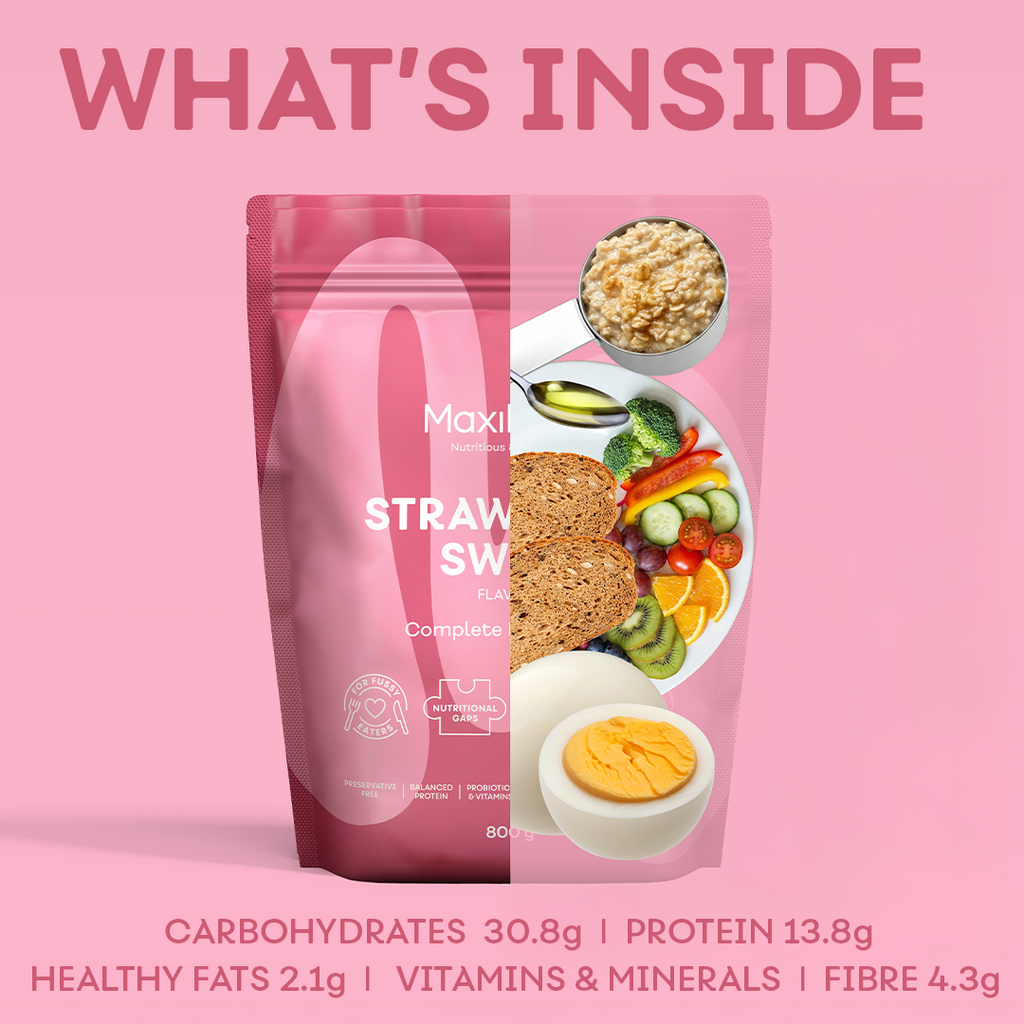 MaxiMeal Strawberry Swirl complete meal shake showing macronutrient breakdown per serving: 30.8g carbohydrates, 13.8g protein, 2.1g healthy fats, 4.3g fibre, plus vitamins and minerals, illustrated with whole food equivalents including oats, vegetables, wholegrains, and a boiled egg.