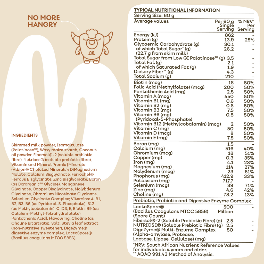 MaxiMeal Vanilla Dream complete meal shake nutritional information panel showing 13.8g protein, 23 vitamins and minerals at 50% NRV, LactoSpore probiotics, Fibersol and Nutriose prebiotic fibre, and DigeZyme digestive enzyme complex per 60g serving across 13 servings per container.