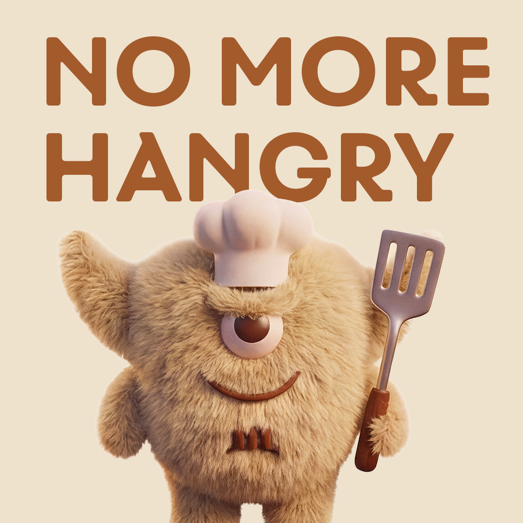 MaxiMeal Vanilla Dream No More Hangry mascot, a sandy brown one-eyed cartoon creature wearing a chef's hat and holding a spatula, representing hunger and energy crashes that MaxiMeal is designed to prevent.