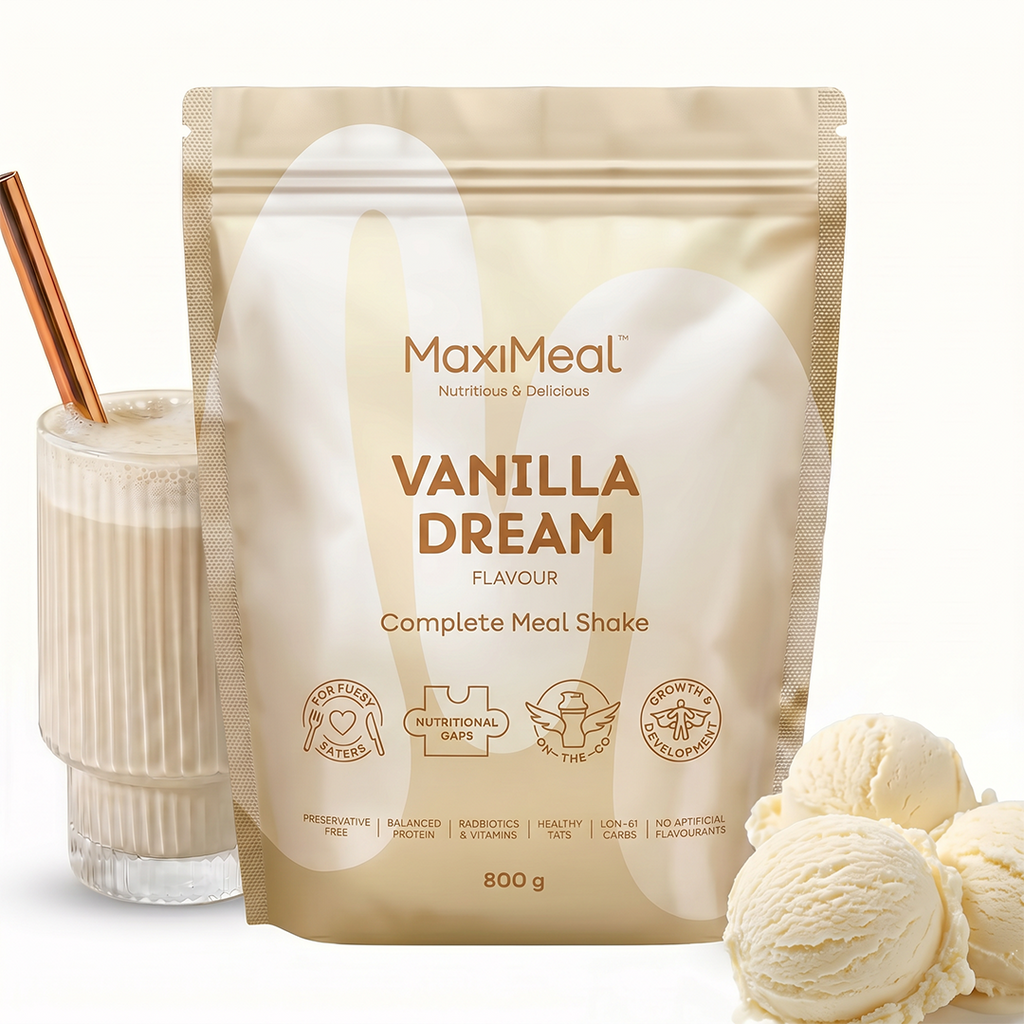 MaxiMeal Vanilla Dream complete meal shake 800g pouch styled with a creamy vanilla shake in a ribbed glass and scoops of vanilla ice cream, showing the flavour profile and ready-to-drink result.