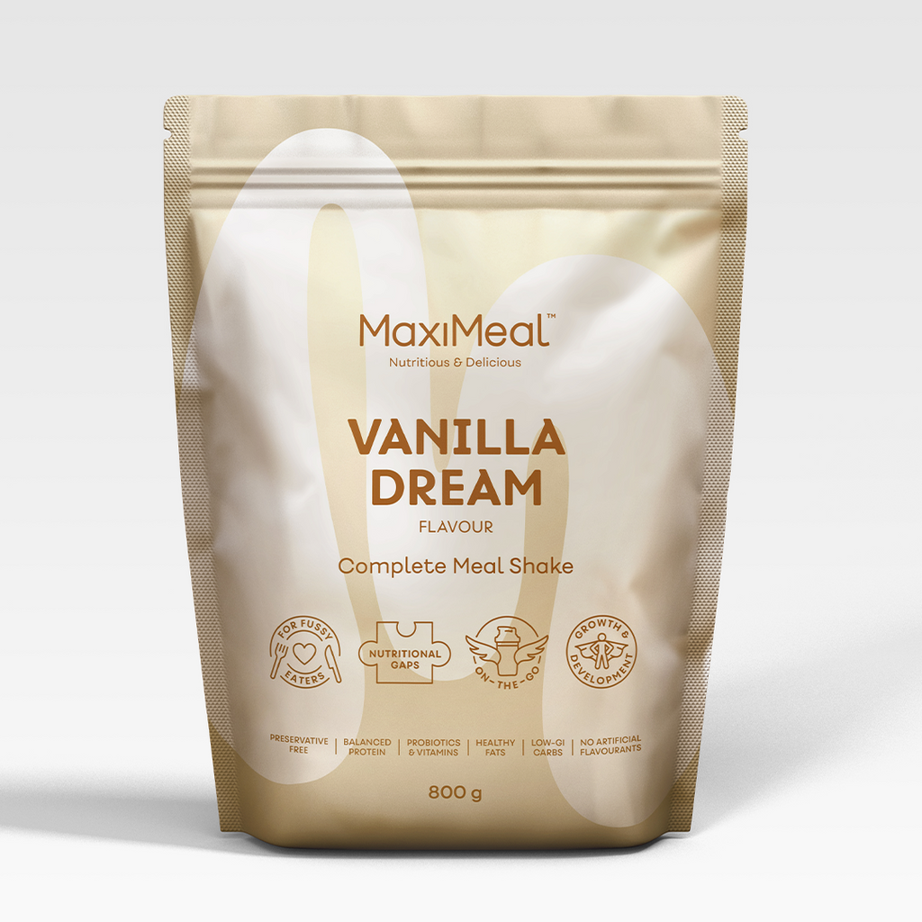 MaxiMeal Vanilla Dream complete meal shake 800g pouch, non-GMO, maltodextrin free, no artificial sweeteners, preservative free with balanced protein, probiotics, vitamins, healthy fats, low GI, and no artificial flavourings.
